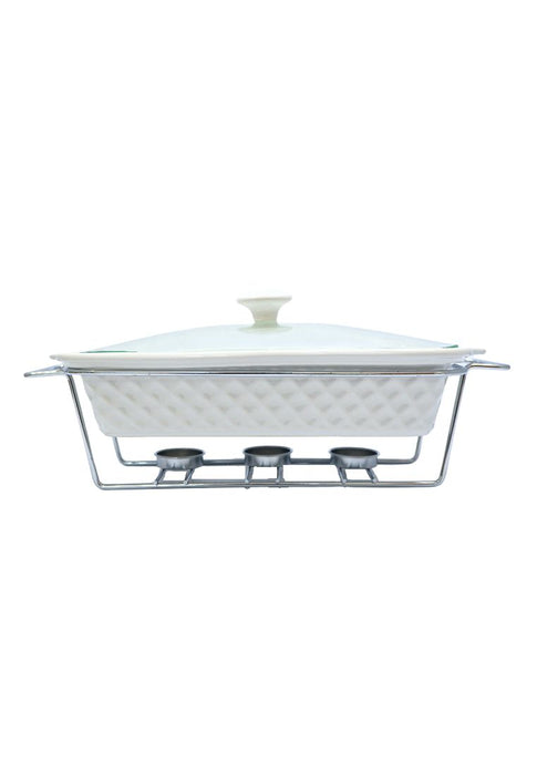 Slique Ceramic Rectangle 3-Burner Casserole Dish 2L with Glass Lid and Chrome Stand