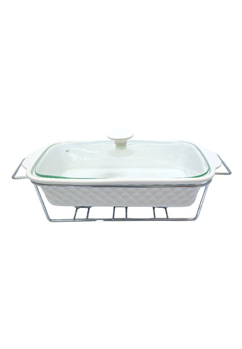 Slique Ceramic Rectangle 3-Burner Casserole Dish 2.9L with Glass Lid and Chrome Stand