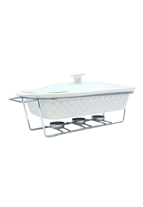 Slique Ceramic Oval 3-Burner Casserole Dish 2.9L with Glass Lid and Chrome Stand