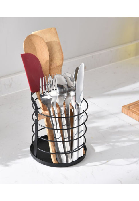 Metal Cutlery Holder with Wood Accent