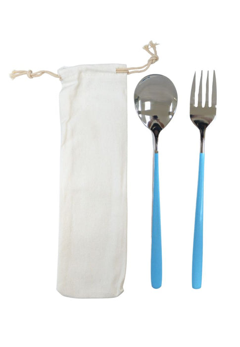 Landmark Stainless Spoon & Fork Colored Handle in a Pouch - Light Blue
