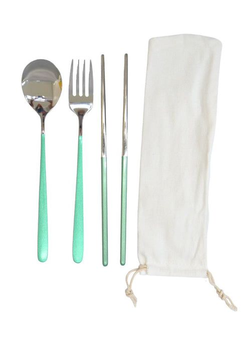 Landmark Stainless Spoon, Fork & Chopstick Colored Handle in a Pouch