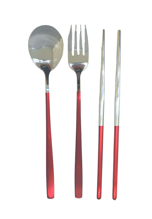 Landmark Stainless Spoon, Fork & Chopstick Colored Handle in a Pouch