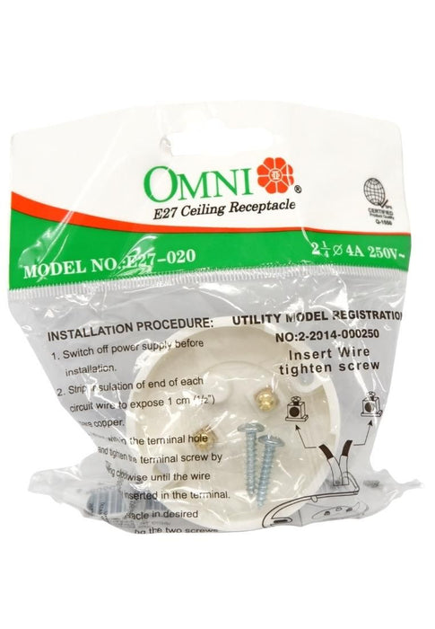 Omni E27 Ceiling Receptacle 2 1/4 White with Plastic Pack