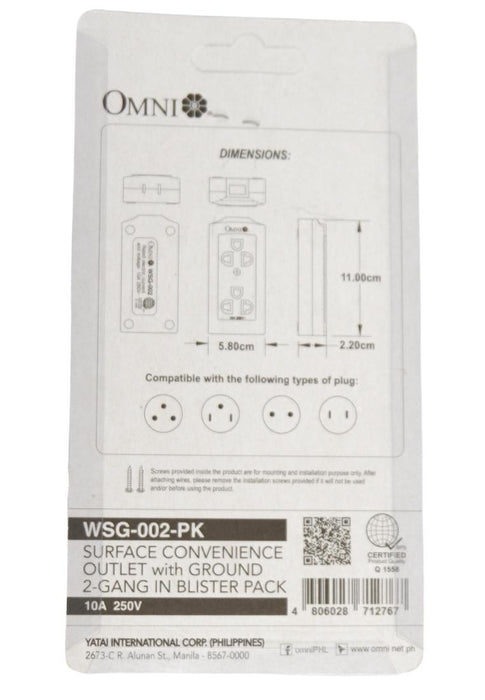 Omni Surface Convenience Outlet With Ground 2-Gang In Blister Pack